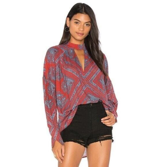 Free People Walking on a Dream Red & Blue Printed Long Sleeve Tunic M - Picture 1 of 7